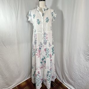 Oliphant Block Print Cotton Maxi Dress Size L White Floral Ruffle India Boho